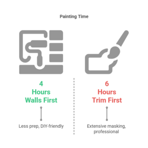 Illustration comparing painting walls first versus trim first, highlighting time-saving tips for DIY and professional painters.