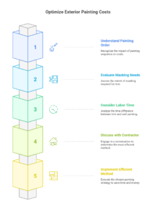 Diagram explaining how painting trim first versus walls first impacts labor time, masking needs, and overall exterior painting cost.