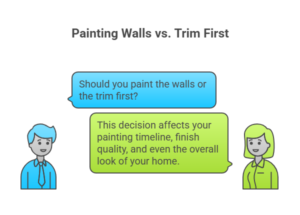 Homeowner preparing to repaint the exterior of a house, deciding whether to start with the walls or the trim for best results.
