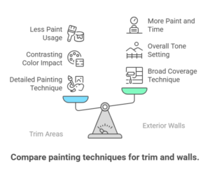 Diagram of a house exterior highlighting trim areas like window frames, fascia boards, and railings, alongside large wall surfaces such as siding and brick.