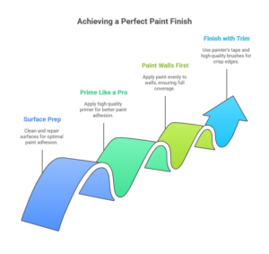 Step-by-step infographic showing exterior house painting process: surface preparation, priming, painting walls, and painting trim.