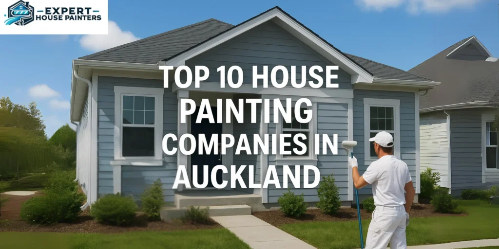 Freshly painted modern Auckland home exterior with painter and paint tools, representing top house painting companies.