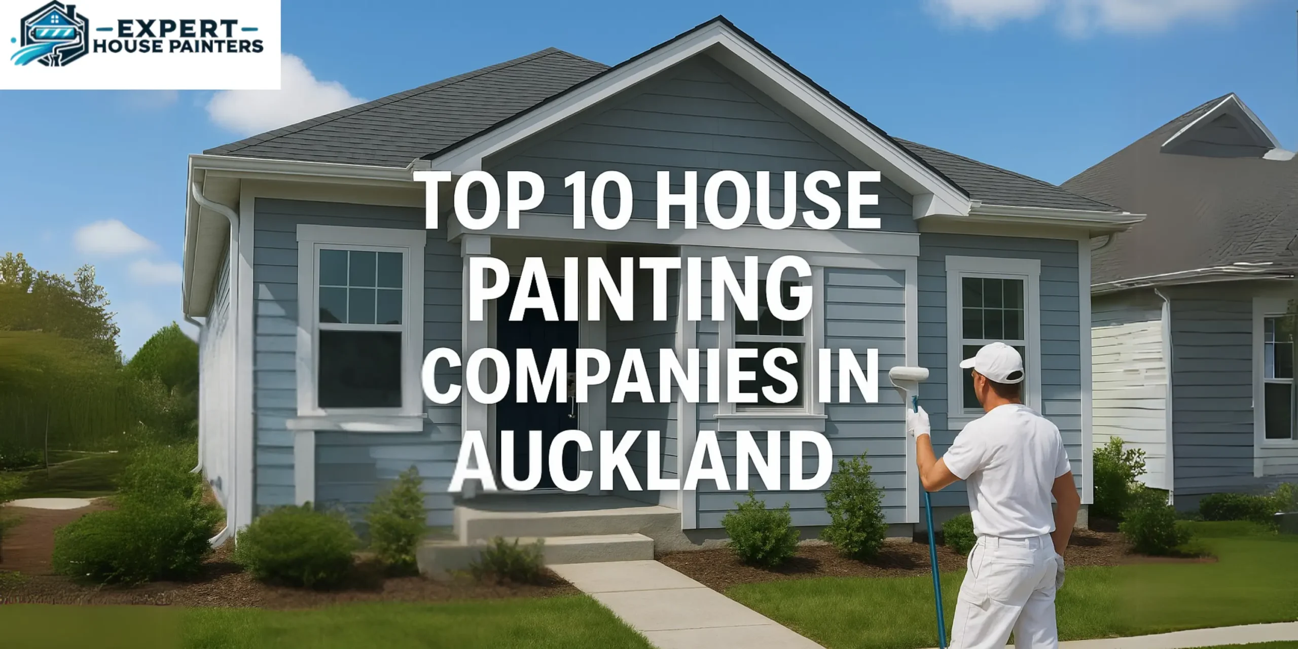 Freshly painted modern Auckland home exterior with painter and paint tools, representing top house painting companies.